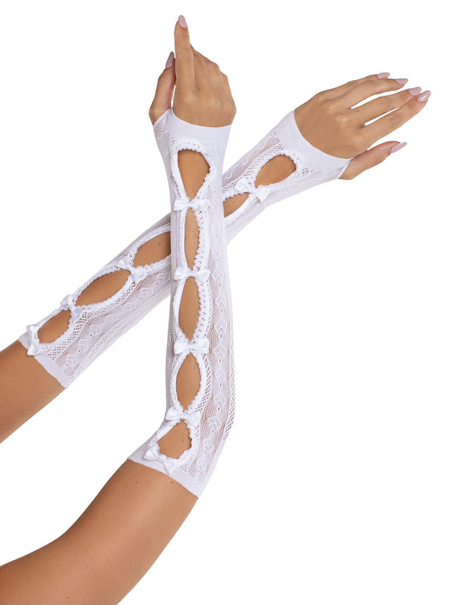 Sweetheart Striped Keyhole Arm Warmers with Mini Bow Accents - White - O/S