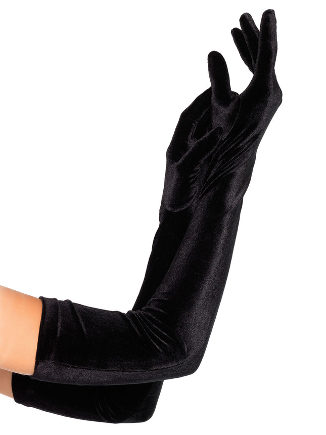 Stretch Velvet Opera Length Gloves - Black - O/S