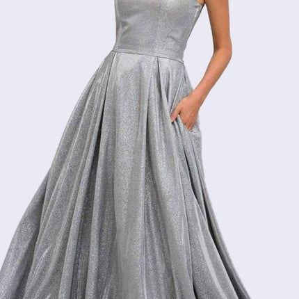 Juliet 206 Long A-Line Glitter Gown Side Pockets