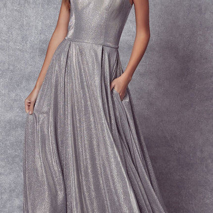 Juliet 206 Long A-Line Glitter Gown Side Pockets