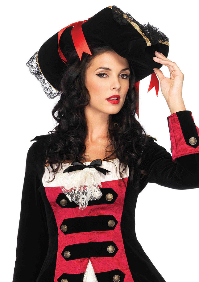 Women's Swashbuckler Hat with Lace Trim and Satin Bows - Black/Red - O/S