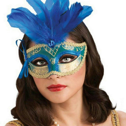 Blue Teal and Gold Venetian Carnival Eyemask Mask with Feathers