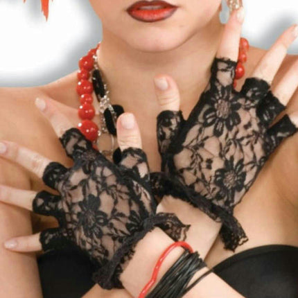 Wome's Black Lace Fingerless Gloves 80's Material Girl