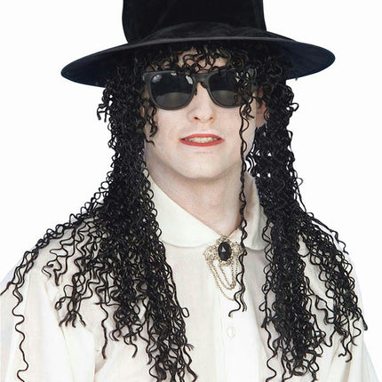 From the 80s Adult Pop Superstar Hat and Long Black Curly Wig 80's Pop Star
