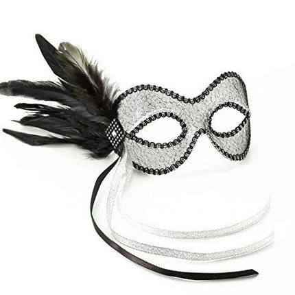 Black and Silver Lace Feather Venetian Eye Mask