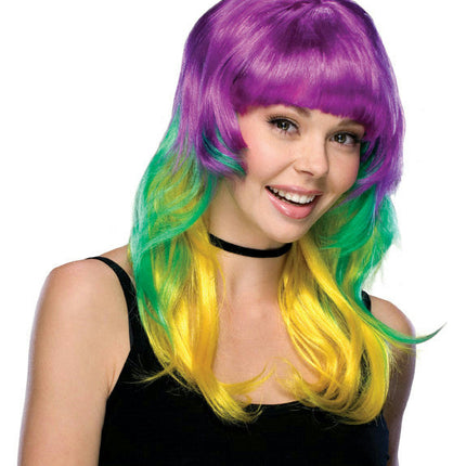 Mardi Gras Long Layered Multi Colored Wig with Bangs