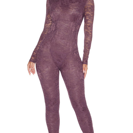 Private View 2-Piece Sheer Lined Lace Catsuit and G-String Set - Cocoa