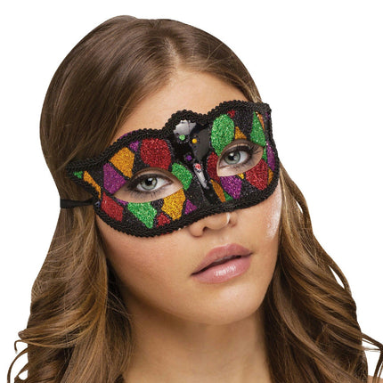 Shimmering Glitter Harlequin Black Green Red Diamond Pattern Mardi Gras Eye Mask