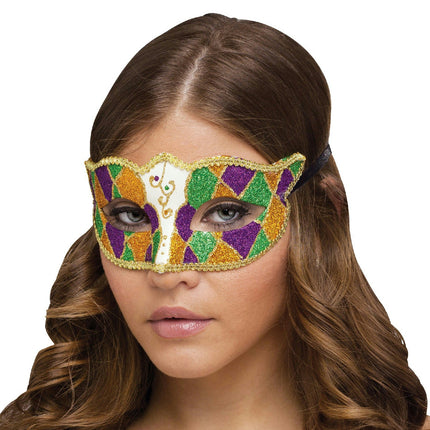 Shimmering Glitter Harlequin Gold Green Purple Diamond Shape Mardi Gras Eye Mask