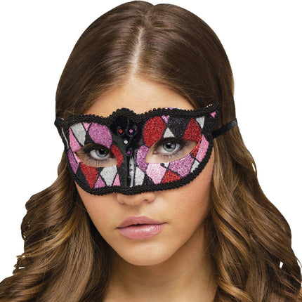 Shimmering Glitter Harlequin Black Pink Purple Diamond Shape Mardi Gras Eye Mask
