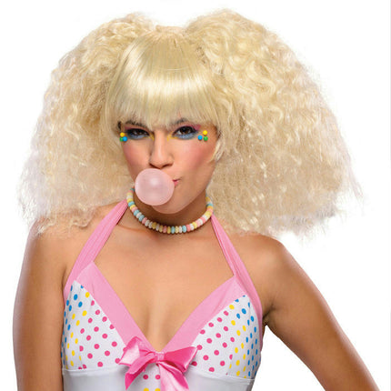 Blonde Bubble Gum Doll Style Crimped Wig with Bangs
