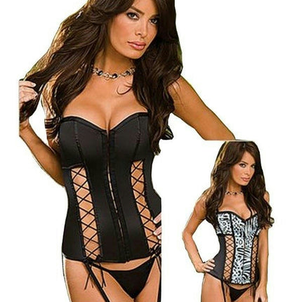 Fully Reversible Black or Blue Leopard Satin Corset Sexy Lingerie Set Size 38