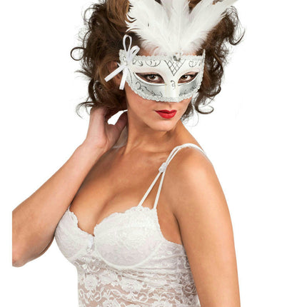 Black White Silver Feather Venetian Carnival Eyemask