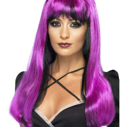 Bewitching Fuchsia Pink Over Black Two Tone Womens Costume Wig with Headband