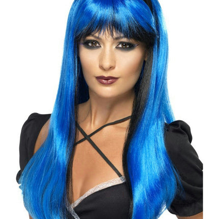 Bewitching Electric Blue Over Black Two Tone Womens Costume Wig with Headband