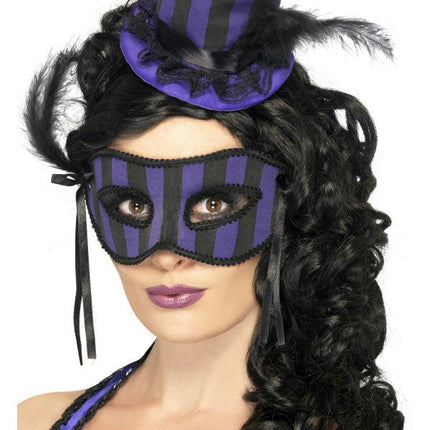 Women's Grotesque Purple and Black Striped Burlesque Hat and Eyemask Set