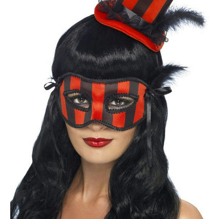 Women's Grotesque Red and Black Striped Burlesque Hat and Eyemask Set