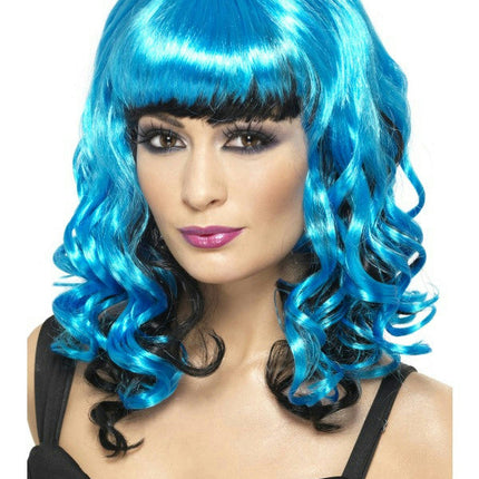 Women's Blue and Black Tainted Garden Stricken Angel Shoulder Length Curly Wig