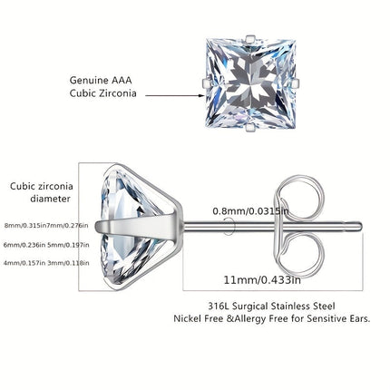 316 Stainless Steel Square Stud Earrings with Cubic Zirconia Accents