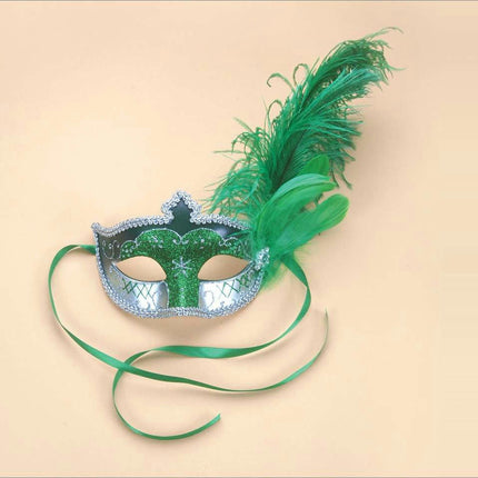 Green Glitter Half Venetian Mask With Feather Great for Mardi Gras