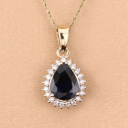 2.09 Carat Genuine Blue Sapphire and White Diamond 14K Yellow Gold Pendant