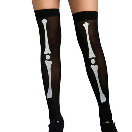 Ladies Day of the Dead Black and White Bone Print Thigh Highs