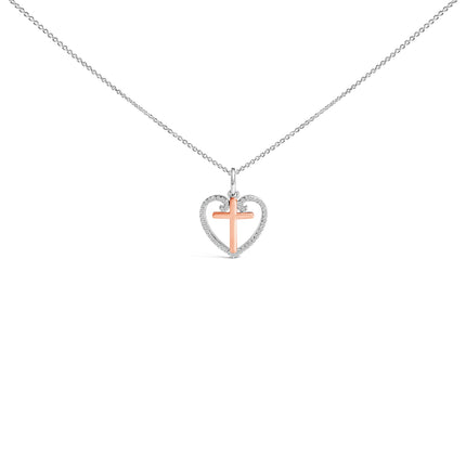 14K Rose Gold Plated Sterling Silver 1/5 Cttw Diamond Heart Cross Pendant Necklace