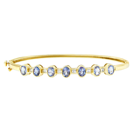 14K Yellow Gold Alternating Bezel Set 5MM Oval Shaped Tanzanite and 1/5 Cttw Diamond Bangle Bracelet (H-I Color, VS2-SI1 Clarity) - Fit's wrists up to 7.25" Inches