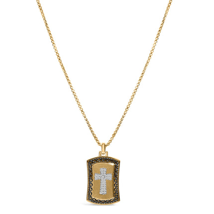 14K Yellow Gold Plated Sterling Silver 1/4 Cttw Diamond Cross Dog Tag Pendant Necklace