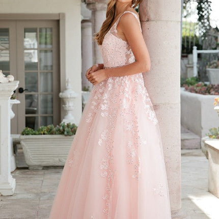 Juliet 224 V-Neck and Back Embroidered Tulle A-Line Ball Gown