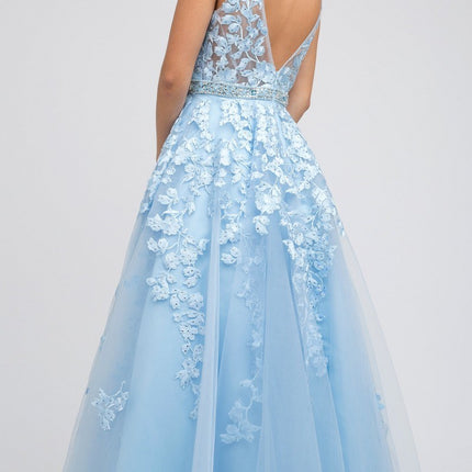 Juliet 224 V-Neck and Back Embroidered Tulle A-Line Ball Gown