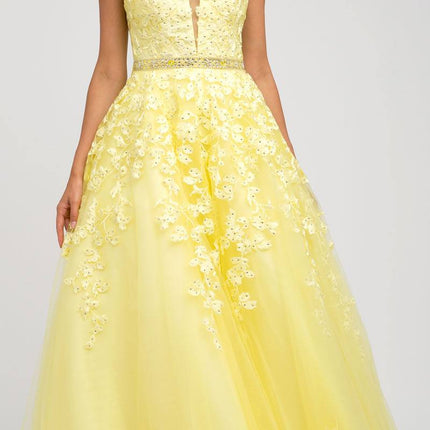 Juliet 224 V-Neck and Back Embroidered Tulle A-Line Ball Gown