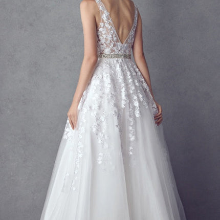 Juliet 224 V-Neck and Back Embroidered Tulle A-Line Ball Gown