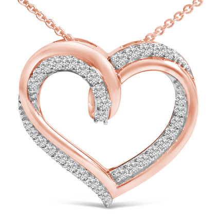 14K Rose Gold Plated Sterling Silver 1/2 Cttw Diamond Open Heart Pendant Necklace