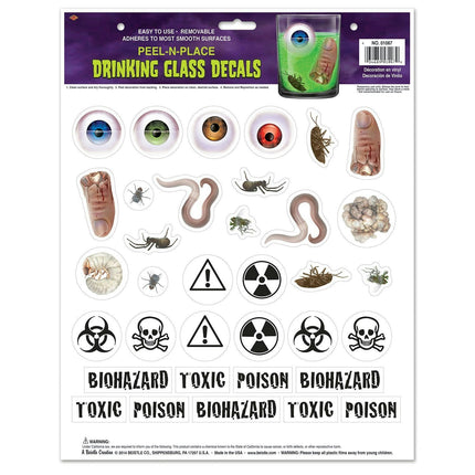 Beistle Drinking Glass Decal Peel 'N Place Bugs Eyeballs Toxic Biohazard