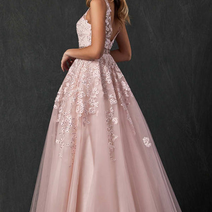 Juliet 224 V-Neck and Back Embroidered Tulle A-Line Ball Gown