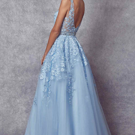 Juliet 224 V-Neck and Back Embroidered Tulle A-Line Ball Gown