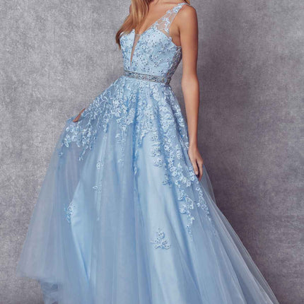 Juliet 224 V-Neck and Back Embroidered Tulle A-Line Ball Gown