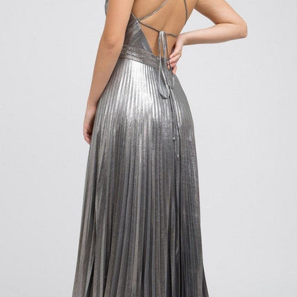 Juliet 226 Metallic Pleated Long Dress A-Line Lace-Up Back