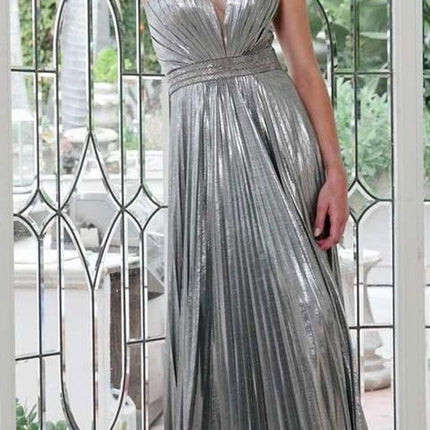 Juliet 226 Metallic Pleated Long Dress A-Line Lace-Up Back