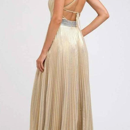 Juliet 226 Metallic Pleated Long Dress A-Line Lace-Up Back