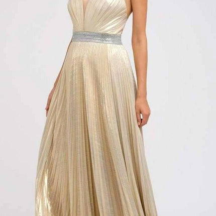 Juliet 226 Metallic Pleated Long Dress A-Line Lace-Up Back