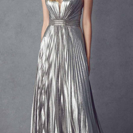 Juliet 226 Metallic Pleated Long Dress A-Line Lace-Up Back