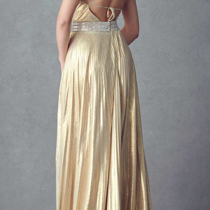 Juliet 226 Metallic Pleated Long Dress A-Line Lace-Up Back