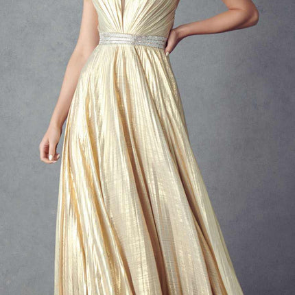 Juliet 226 Metallic Pleated Long Dress A-Line Lace-Up Back