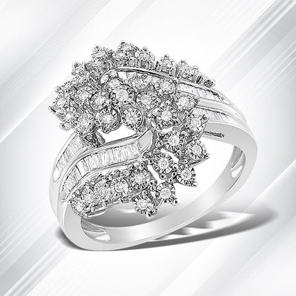 10K White Gold 1/2 Cttw Round and Baguette-Cut "S" Shaped Bypass Cocktail Ring (I-J Color, I1-I2 Clarity) - Size 7