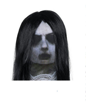Adult Fabric Ghost Mask with Attached Long Black Wig