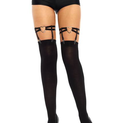 Dual Strap Elastic Thigh High Garter Suspender with Heart - Black - O/S