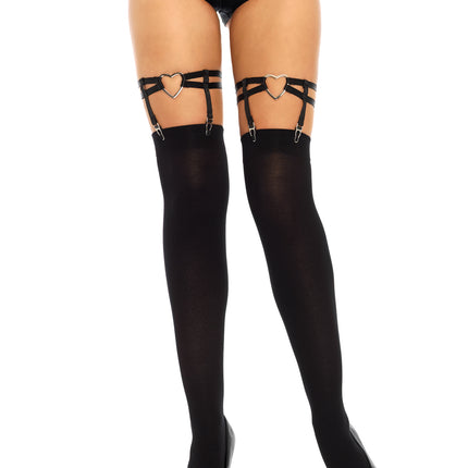 Dual Strap Elastic Thigh High Garter Suspender with Heart - Black - O/S