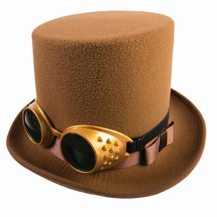 Steampunk Brown Top Hat with Gold Goggles